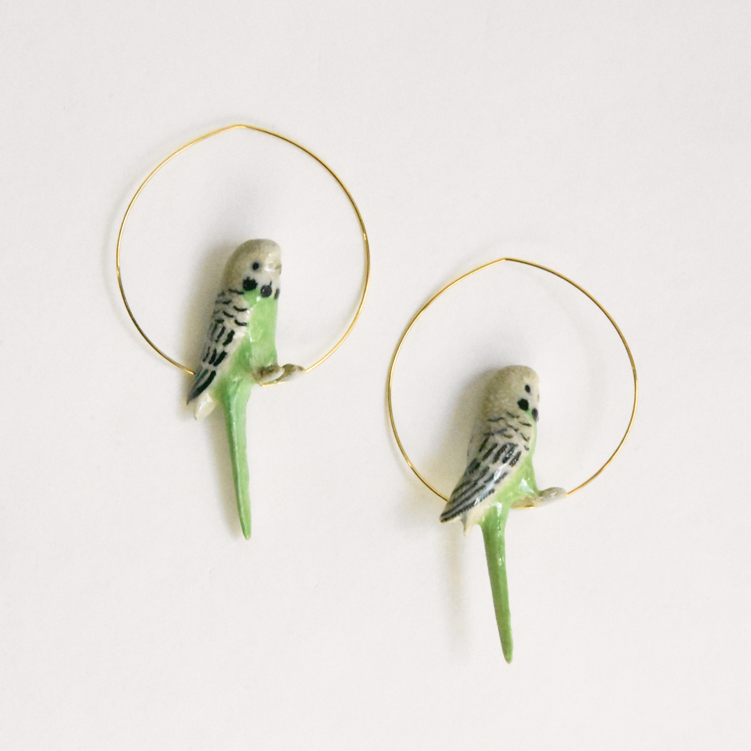 Green Budgie Hoop Earrings - Goldmakers Fine Jewelry