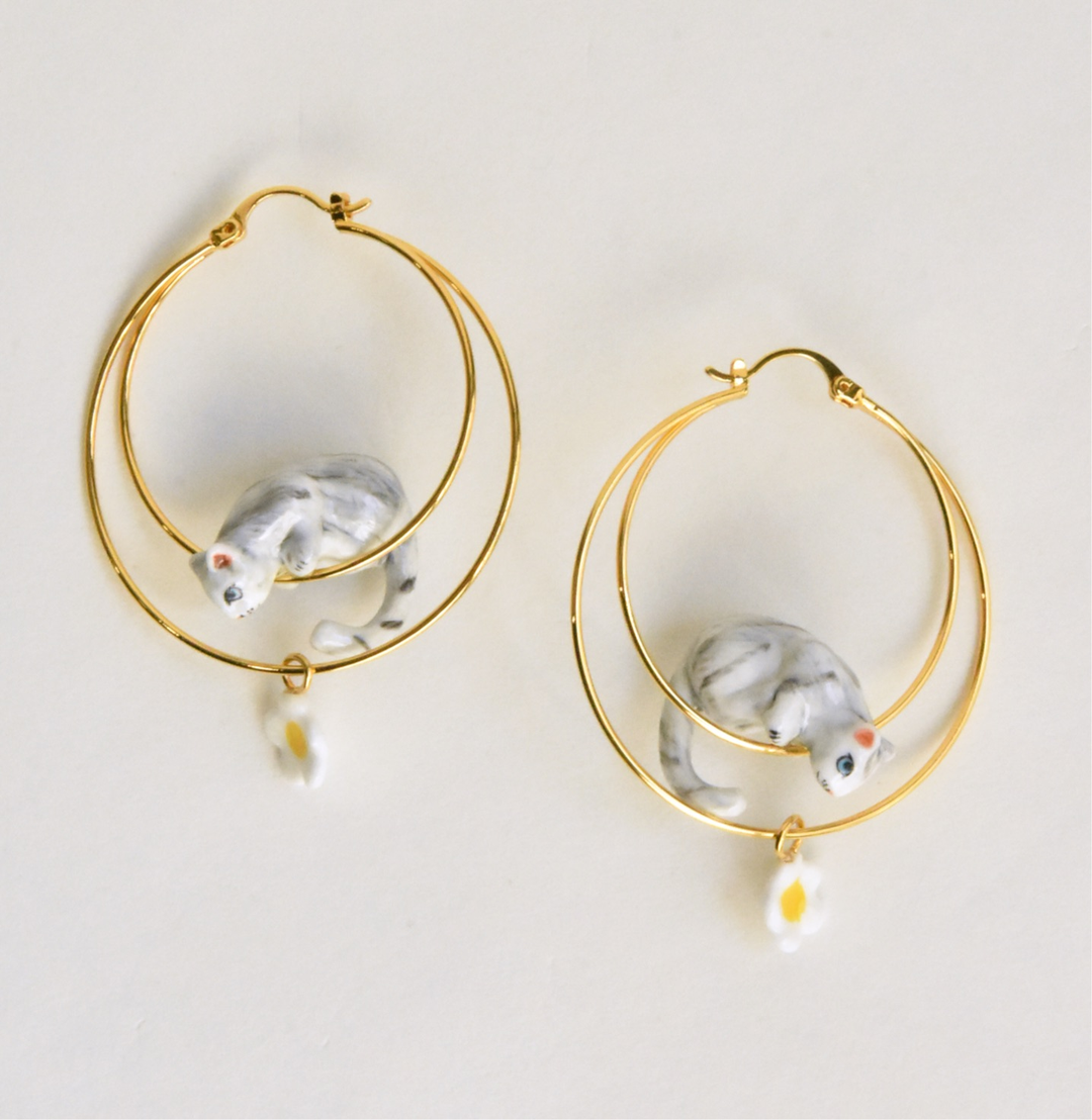Grey Tabby Cat Double Hoops with Daisies - Goldmakers Fine Jewelry
