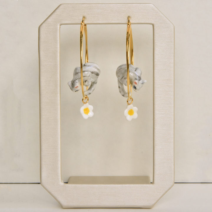 Grey Tabby Cat Double Hoops with Daisies - Goldmakers Fine Jewelry