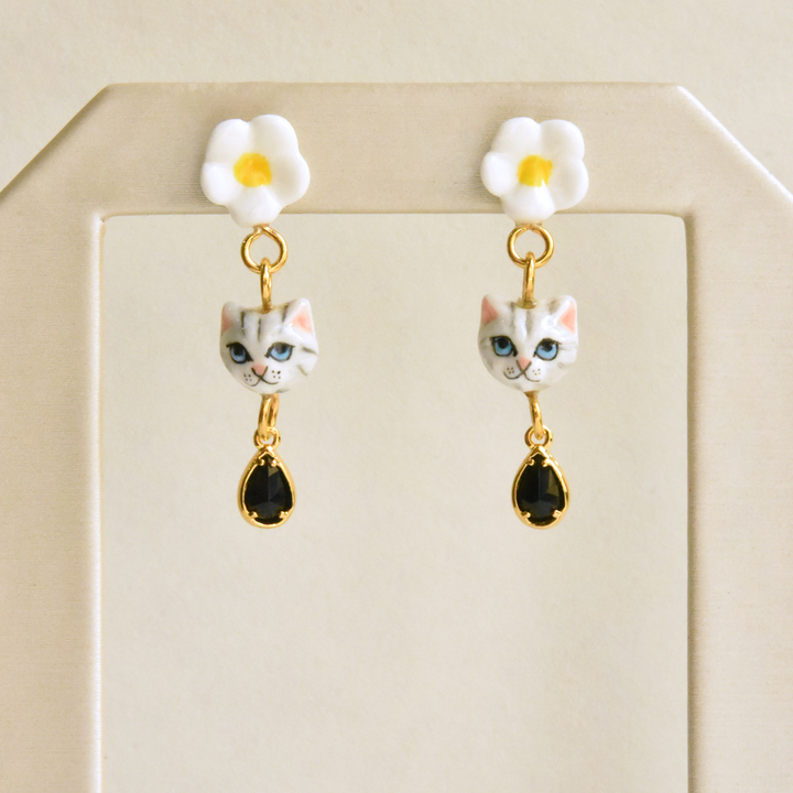 Daisy and Grey Tabby Cat Earrings with Gems - Goldmakers Fine Jewelry