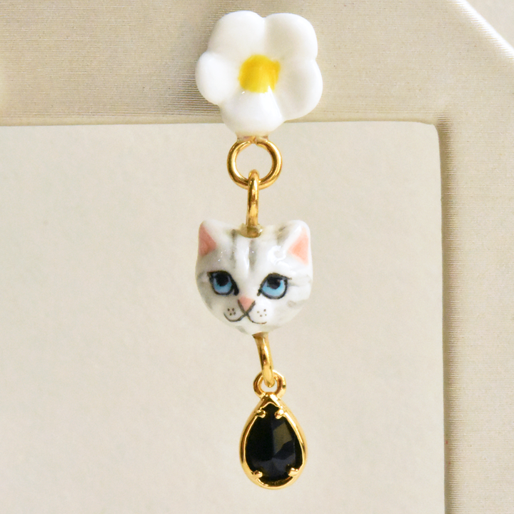 Daisy and Grey Tabby Cat Earrings with Gems - Goldmakers Fine Jewelry