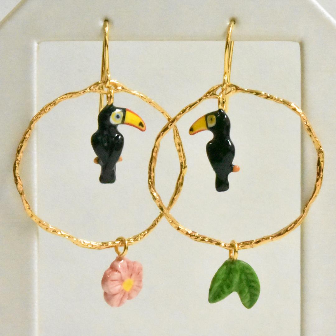 Toucan Branch Hoop Earrings - Goldmakers Fine Jewelry