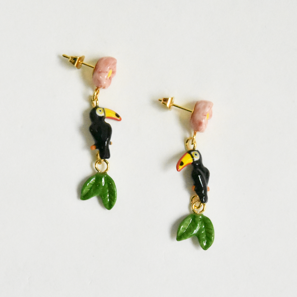 Toucans with Flowers and Leaves Earrings - Goldmakers Fine Jewelry