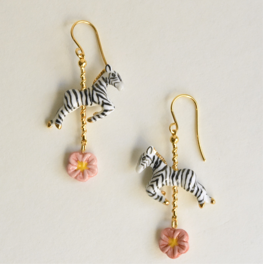 Zebra Carousel with Pink Daisy Earrings - Goldmakers Fine Jewelry