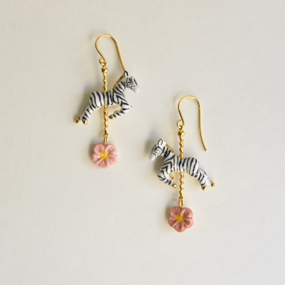 Zebra Carousel with Pink Daisy Earrings - Goldmakers Fine Jewelry