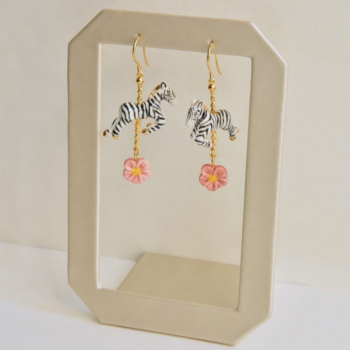 Zebra Carousel with Pink Daisy Earrings - Goldmakers Fine Jewelry