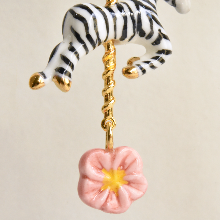 Zebra Carousel with Pink Daisy Earrings - Goldmakers Fine Jewelry