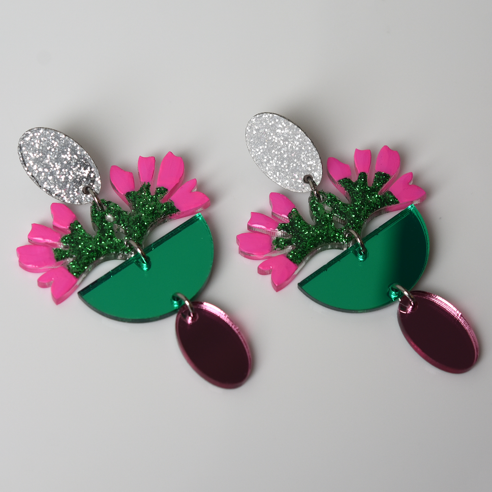 Pink and Green Glitter Flower Earrings - Goldmakers Fine Jewelry