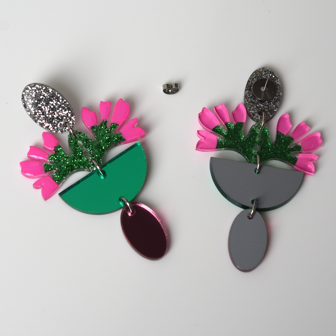 Pink and Green Glitter Flower Earrings - Goldmakers Fine Jewelry