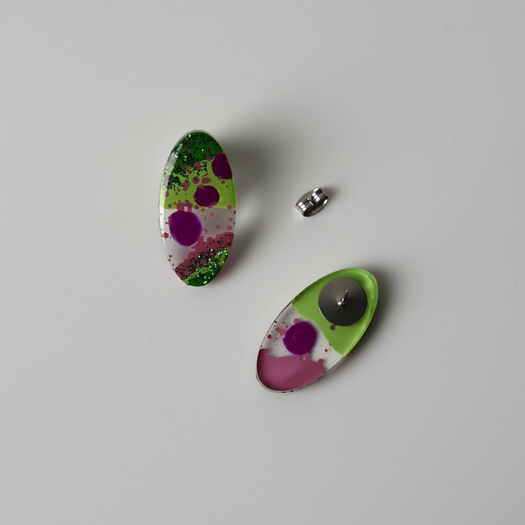 Pink and Green Glitter Oval Studs - Goldmakers Fine Jewelry