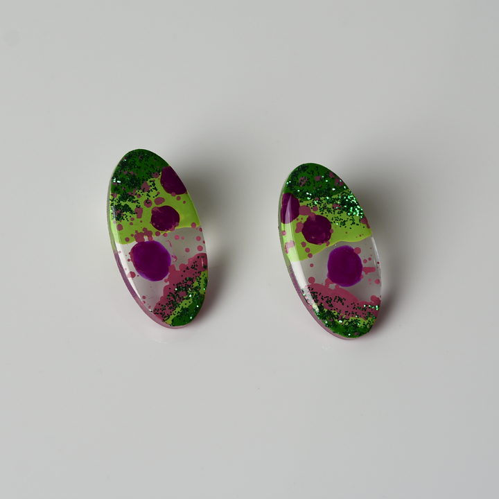 Pink and Green Glitter Oval Studs - Goldmakers Fine Jewelry
