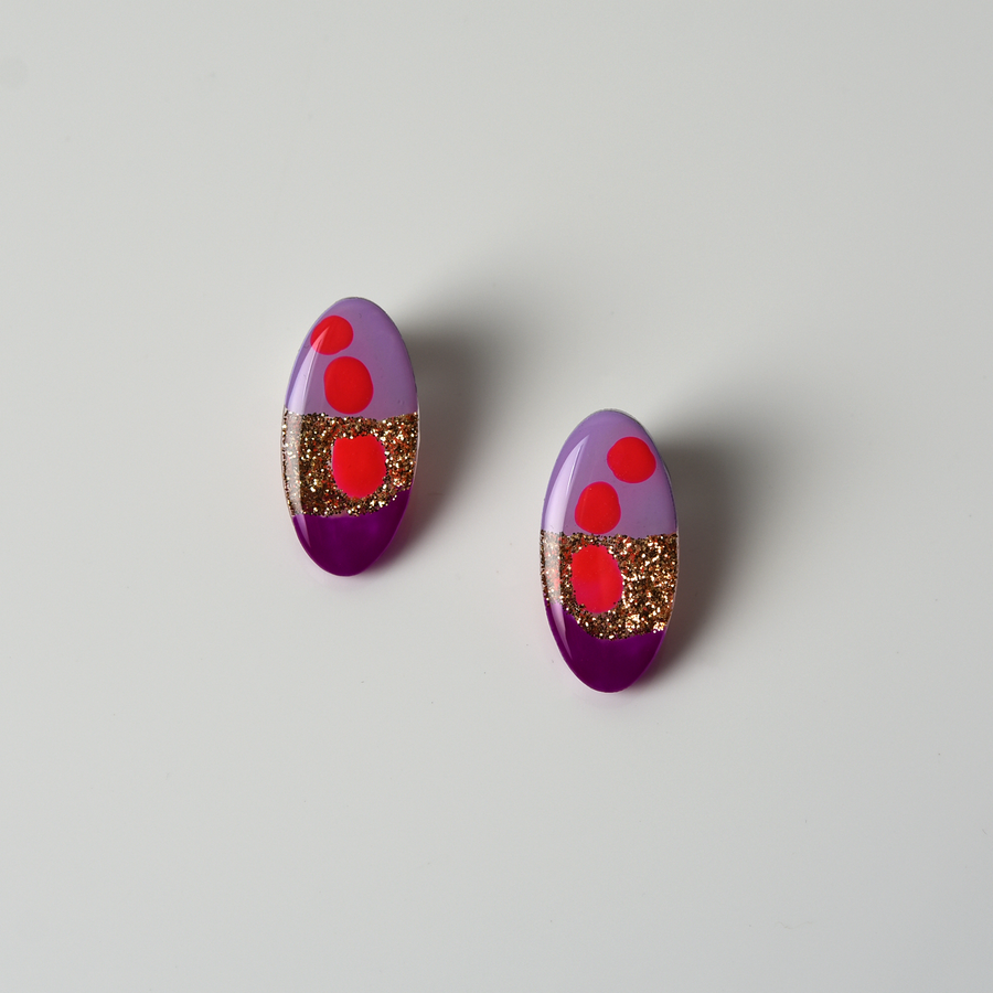 Pink and Purple Glitter Abstract Art Oval Studs - Goldmakers Fine Jewelry